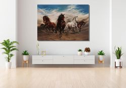 5 running horses canvas wall art , strong horses canvas poster , home decor, colourful print canvas print decor home, no