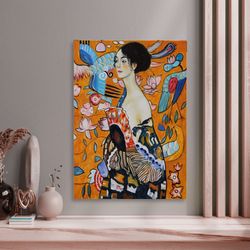 wall art  easysuger lady with fan by gustav klimt, framed canvas wall art, wall art, pixel art, fashion print, , modern