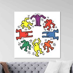 wall art  keith haring artwork, cheerful people printed, colorful art canvas, keith haring dancing people canvas, dancin