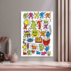 wall art  keith haring artwork, cheerful people printed, colorful art canvas, keith haring dancing people canvas, dancin