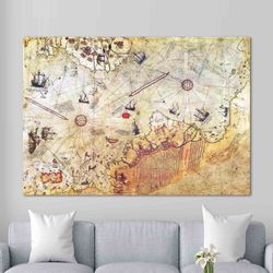 wall art  piri reis map, antique map canvas art, map poster, vintage map art, piri reis art, trendy artwork, world map c