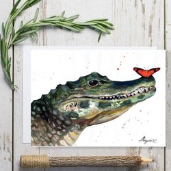 crocodile caiman watercolor, painting alligator watercolor sparrow bird art by anne gorywine