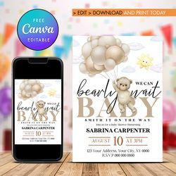 gender neutral bear baby shower invitation, we can bearly wait baby shower nvitation template canva editable