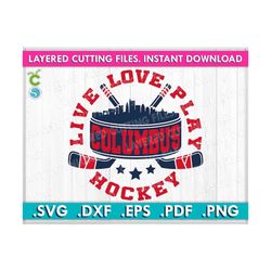 columbus ohio city skyline with puck and two sticks svg, sublimation printing on t-shirts, bundle from 2 svg, dxf, png, eps, pdf.