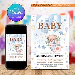 gender neutral bear baby shower invitation, we can bearly wait baby shower nvitation template canva editable