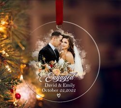 personalized engaged christmas ornament, custom text photo acrylic ornament, custom name engagement gift