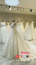 verona fabric, chrome sequin embroidery, transparent sleeves, pleated wedding dress
