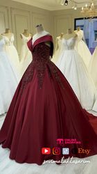 handcrafted lace, boat neck, burgundy engagement dress