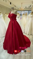 one shoulder, red satin, engagement dress