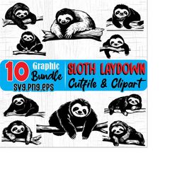 sloth laydown art silhouette, svg , png, eps instant digital downloads bundle