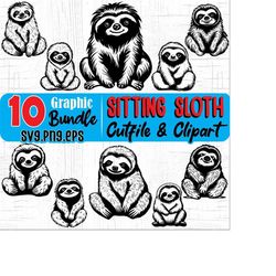 cute sitting sloth art theme, svg , png, eps instant digital downloads bundle