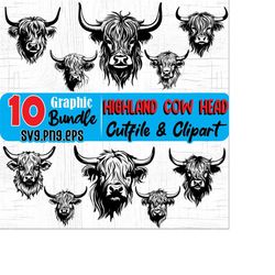 highland cow head creative art, highlander cows, svg , png, eps instant digital downloads bundles