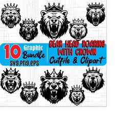 bear head roaring with crown art silhouette, svg , png, eps instant digital downloads  bundles