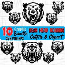 bear head roaring art silhouette, svg , png, eps instant digital downloads  bundles