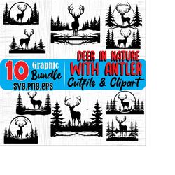 deer svg files - deer in nature with antler svg graphic bundle instant digital downloads