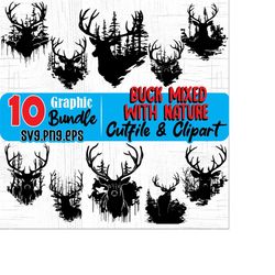 deer svg files -buck mixed with nature svg graphic bundle instant digital downloads