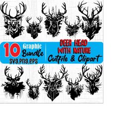 deer svg files - deer head mixed with nature svg graphic bundle instant digital downloads