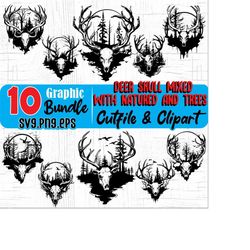 deer svg files - deer skull mixed with nature and trees svg graphic bundle instant digital downloads