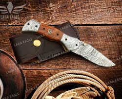 Handmade Damascus Steel Pocket Folding Knife, Hand Forged Damascus Knife, Exotic Rose Wood Handle, Personalized Gift, Gi