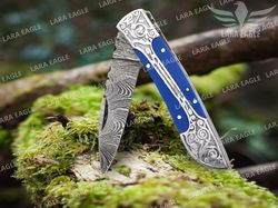 damascus handmade pocket folding knife, damascus camping hiking knives, engraved handle, best gift for him, personalized