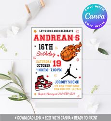 editable basketball invitation, basketball birthday party invitation, sport invitation template, basketball,