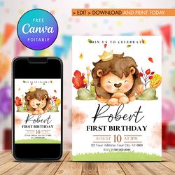 lion first birthday invitation, 1st lion king birthday invitation canva editable and printable digital download