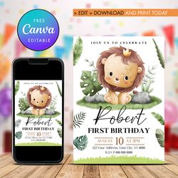 lion first birthday invitation, 1st lion king birthday invitation canva editable and printable digital download