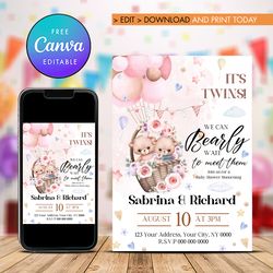 gender neutral twins baby shower invitation, we can bearly wait baby shower nvitation template canva editable