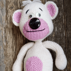 big cute knitted bear for children's play, handmade