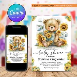 gender neutral bear baby shower invitation, teddy bear baby shower invitation template canva editable