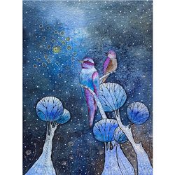 two birds painting original watercolor graphic art night artwork blue colour art by rubinova