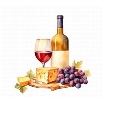 mixed wine watercolor clipart, cheese clipart, charcuterie board, wine watercolor clipart, cheese clipart, grape clipart