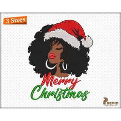 christmas afro woman machine embroidery design, santa hat black girl embroidery design, african american black woman mac