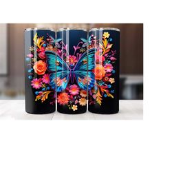 20 oz neon butterfly tumbler wrap, butterfly tumbler wrap, vibrant wrap, straight template, tapered, sublimation graphic