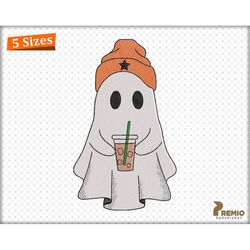 ghost coffee embroidery designs, iced coffee halloween machine embroidery files, halloween spooky ghost with cold coffee