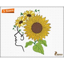 sunflower embroidery designs, lady with sunflower machine embroidery design, sunflower girl line art embroidery design -