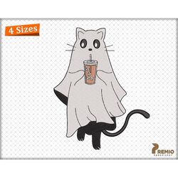 ghost cat with coffee embroidery design, spooky season cat ghost embroidery design, halloween cat machine embroidery fil