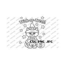 trick or treat coloring svg, cute coloring page, cute cat cartoon, happy halloween, coloring t-shirt, cut file, sublimation svg png jpg