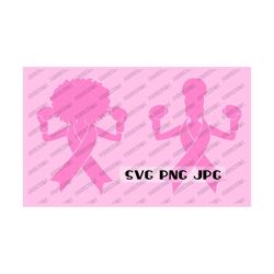 pink ribbon afro and afro bun bundle, breast cancer awareness month, wear pink, digital bundle svg png jpg