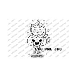 hello halloween unicorn coloring svg, kawaii, cute, clip art, coloring page, halloween design, instant download svg png jpg