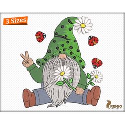 lady bugs gnome embroidery, spring summer gnome embroidery design, daisy gnome embroidery,  hippie peace gnome, let it b