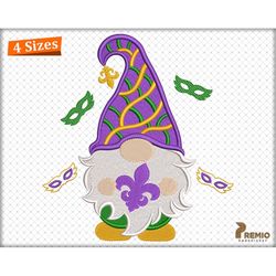 mardi gras embroidery design, mardi gras gnome embroidery files, fat tuesday, mardi gras fleur de lis, happy mardi gras