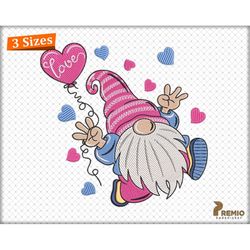 valentines gnome embroidery designs,  happy valentine's day gnome embroidery design file, valentine gnome machine love e