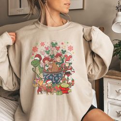 toy story group mickey balloon tea cup christmas sweatshirt, disney buzz woody rex alien xmas shirts