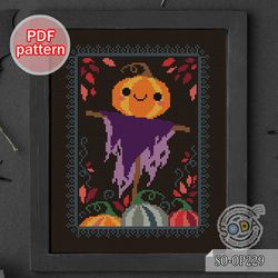 halloween cross stitch pattern,pumpkin soda stitch fall autumn holiday  counted chart,so-op229 'pumpkin scarecrow'