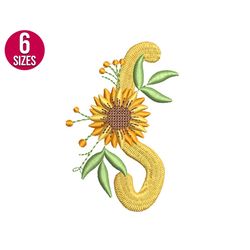 Floral Font sunflower alphabet S letter embroidery design, Machine embroidery file, Instant Download
