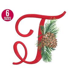 Christmas Alphabet embroidery design, T letter, Pine Cone, Font, Machine embroidery file, Instant Download