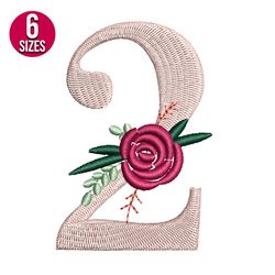 floral alphabet number two 2 embroidery design, machine embroidery pattern, instant download