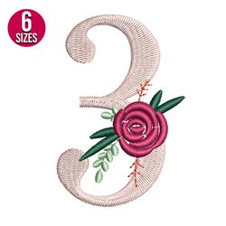 floral alphabet number three 3 embroidery design, machine embroidery pattern, instant download