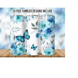 3d blue flower butterfly 20oz tumbler wrap png, butterfly sublimation design png, seamless butterfly tumbler png,straight tumbler wrap png